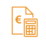 Picto orange matérialisant une calculatrice et une page spécifiant le sigle €