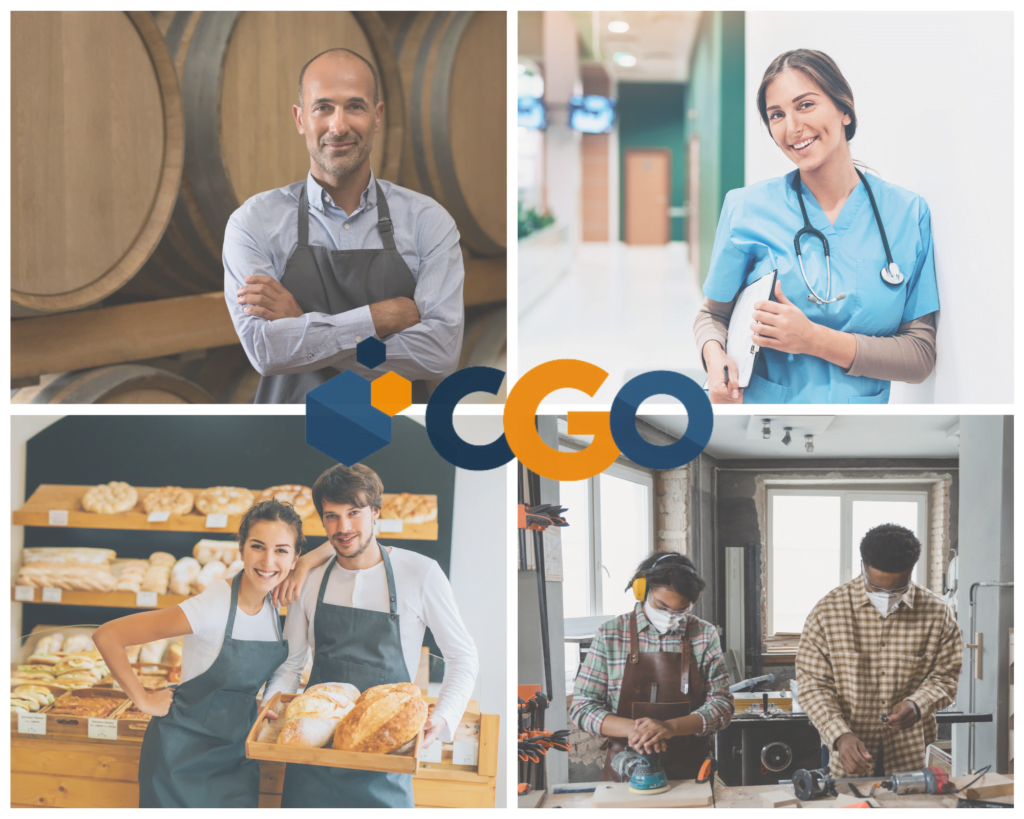 4 images représentant les métiers d'viticulteur, profession libérale, boulanger et artisan menuisier