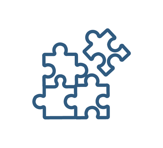 picto bleu puzzle - 4 éléments dont 3 assemblé, le quatrième en phase de l'être