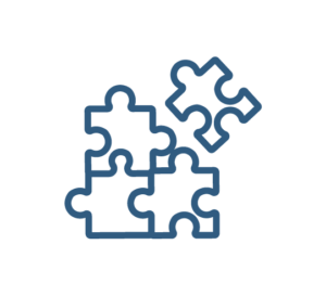 Picto bleu représentant 4 pièces de puzzle dont une n'est pas reliée aux 3 autres