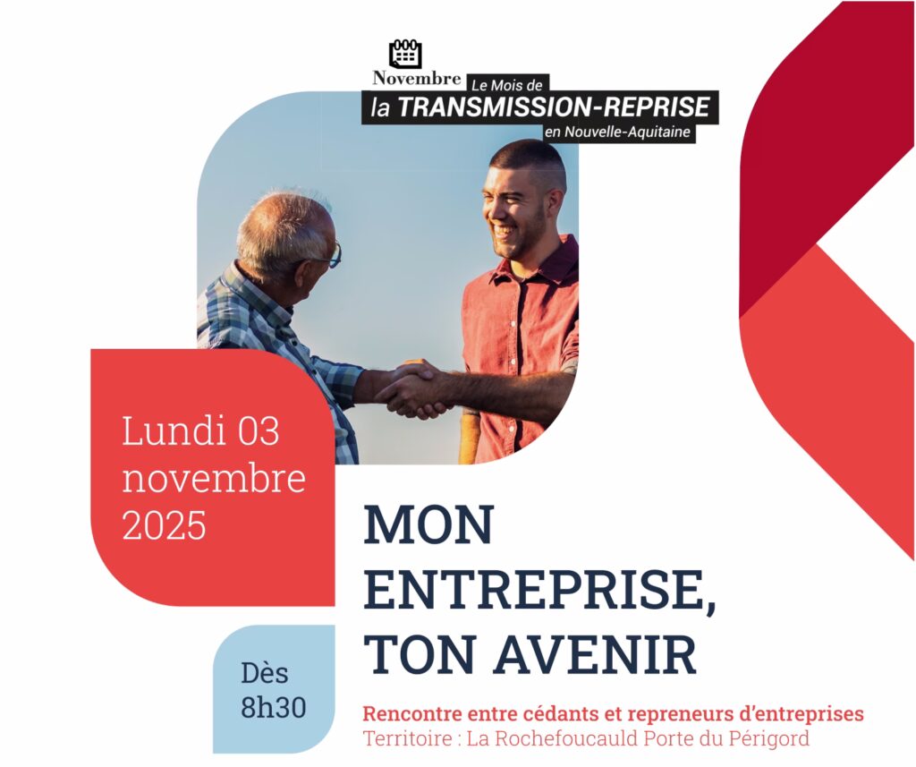 Affiche de la journée de transmission organisée par la CDC de la Rochefoucauld, le CGO avec la chambre d’agriculture et la chambre des métiers de la Charente, le 3 novembre 2025 à MontBron